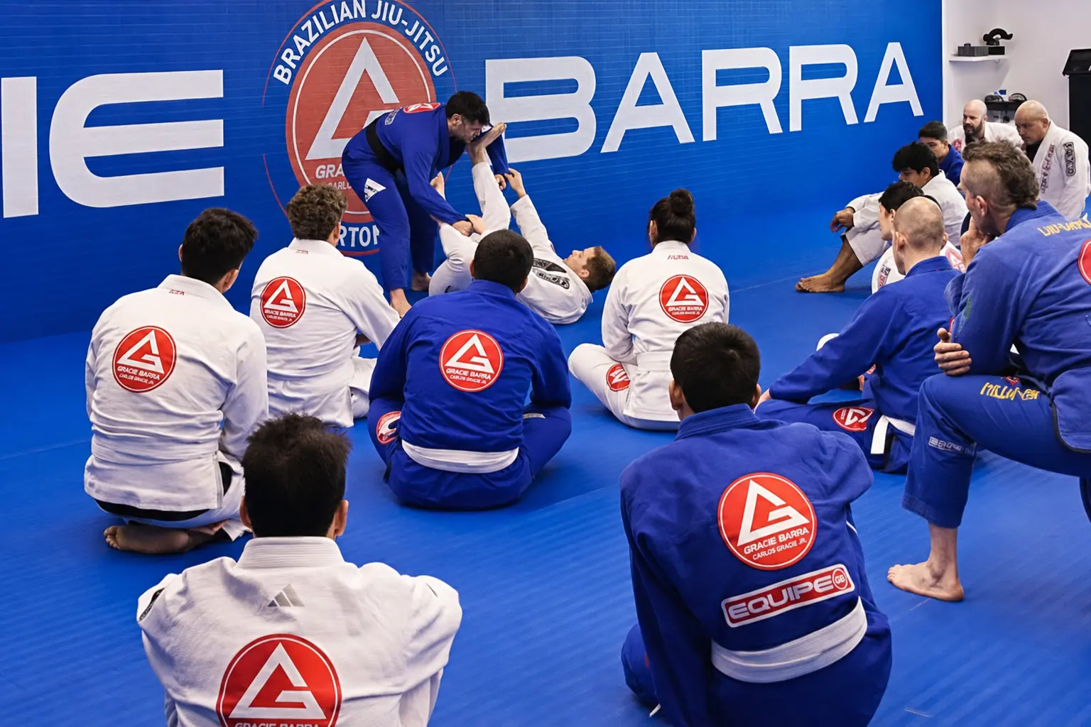 A Brazilian Jiu-Jitsu class training on the mats at Gracie Barra Riverton, minutes north of Bluffdale, Utah